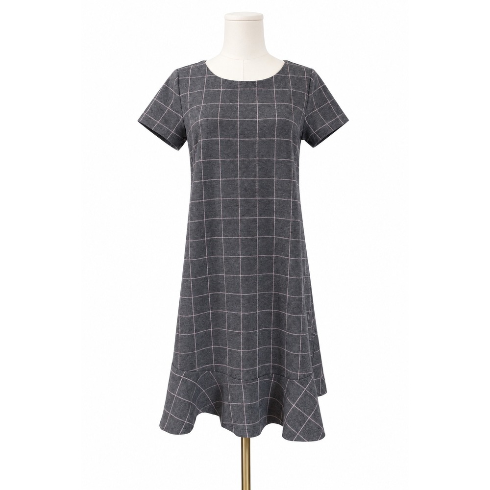 LOFT | Gray Pink Windowpane Plaid Flounce Hem Shift Dress Size 2